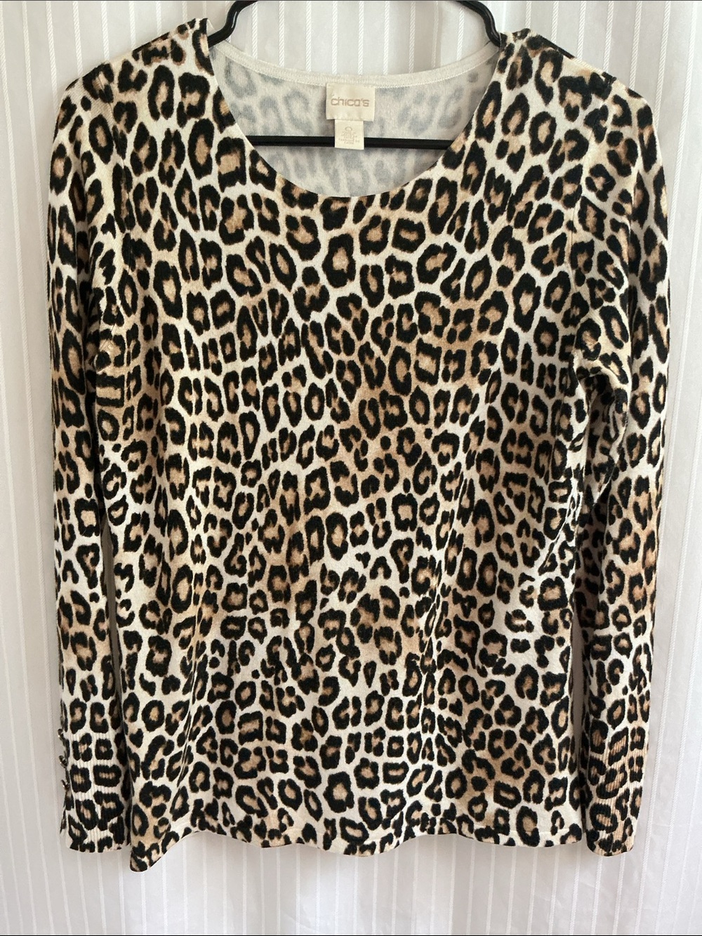 Chico's Size 0 (Size 6) Leopard Print Long Sleeve Knit Top - Tan/Black/Cream